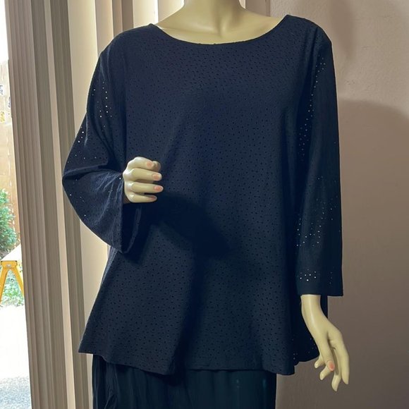 Tops - Women's 2X Beautiful Black Blouse with Hole Design throughout the Fabric